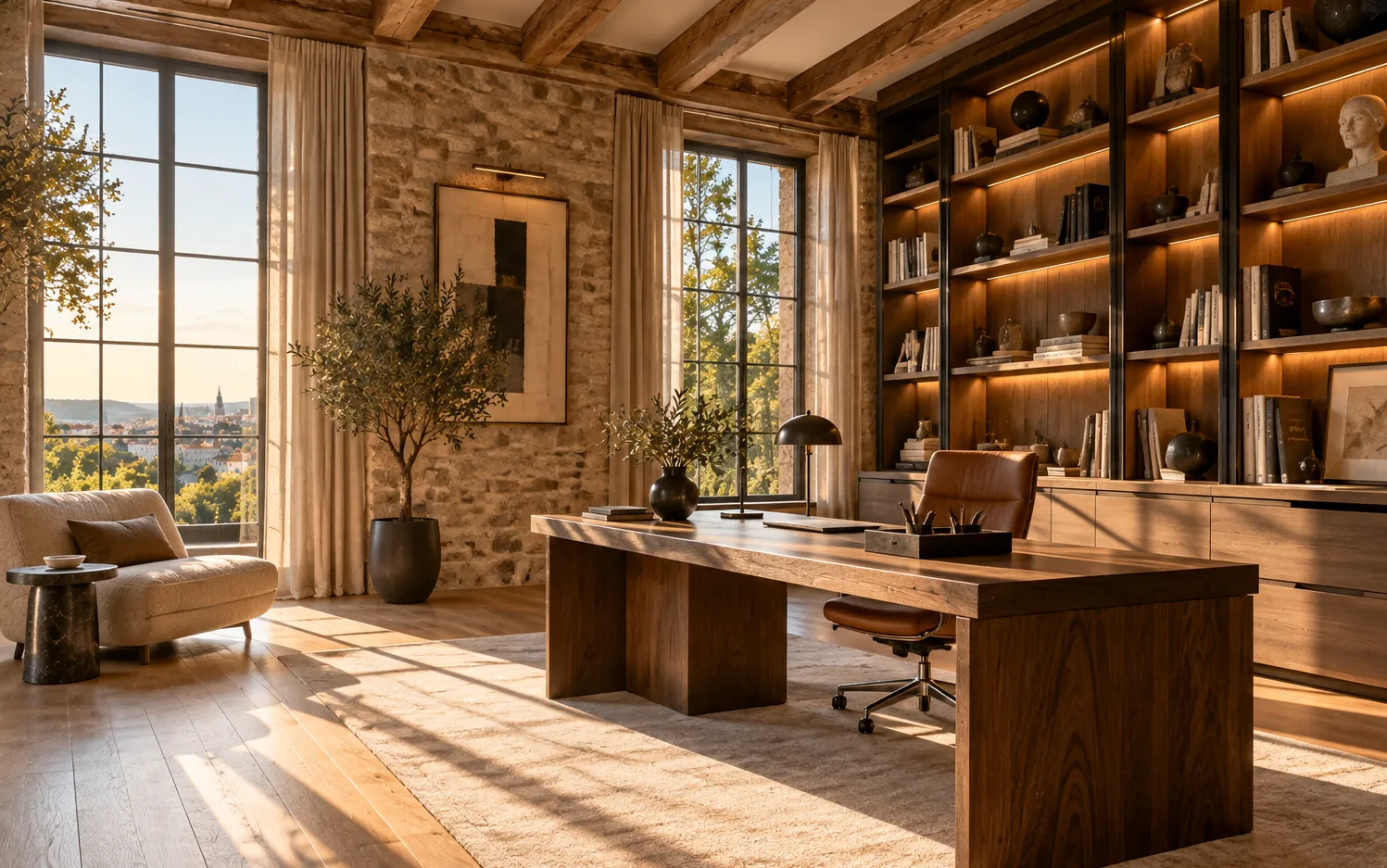 Bureau avec bibliothèque éclairée, murs en pierre et poutres