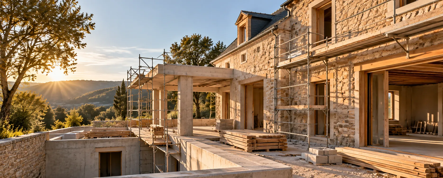 Façade en pierre en cours de rénovation, échafaudages et charpente, au coucher du soleil