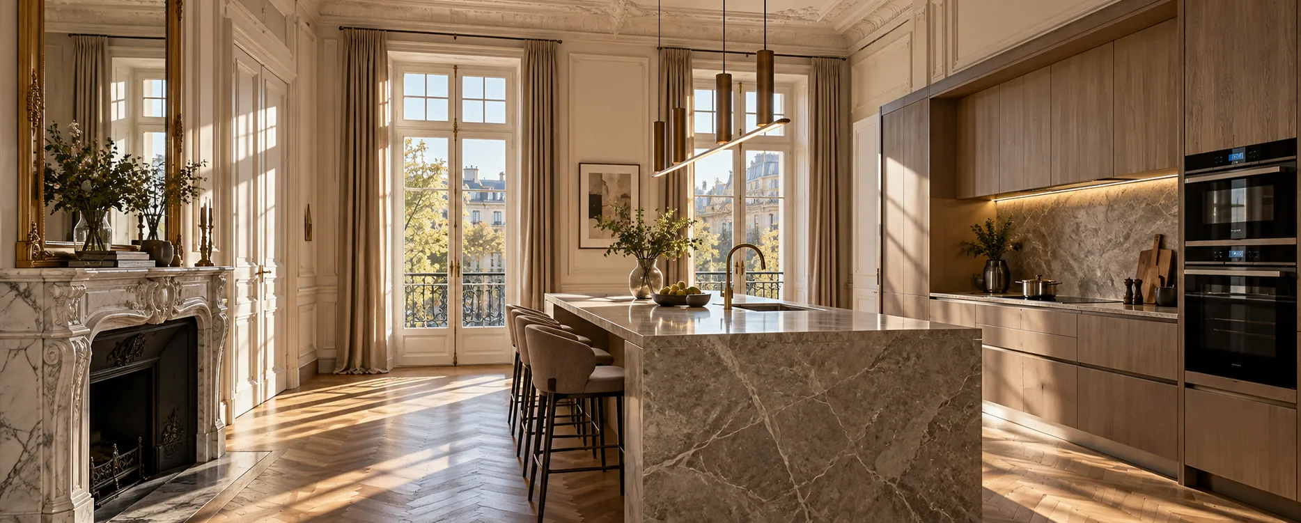 Cuisine avec îlot en marbre dans un appartement à moulures