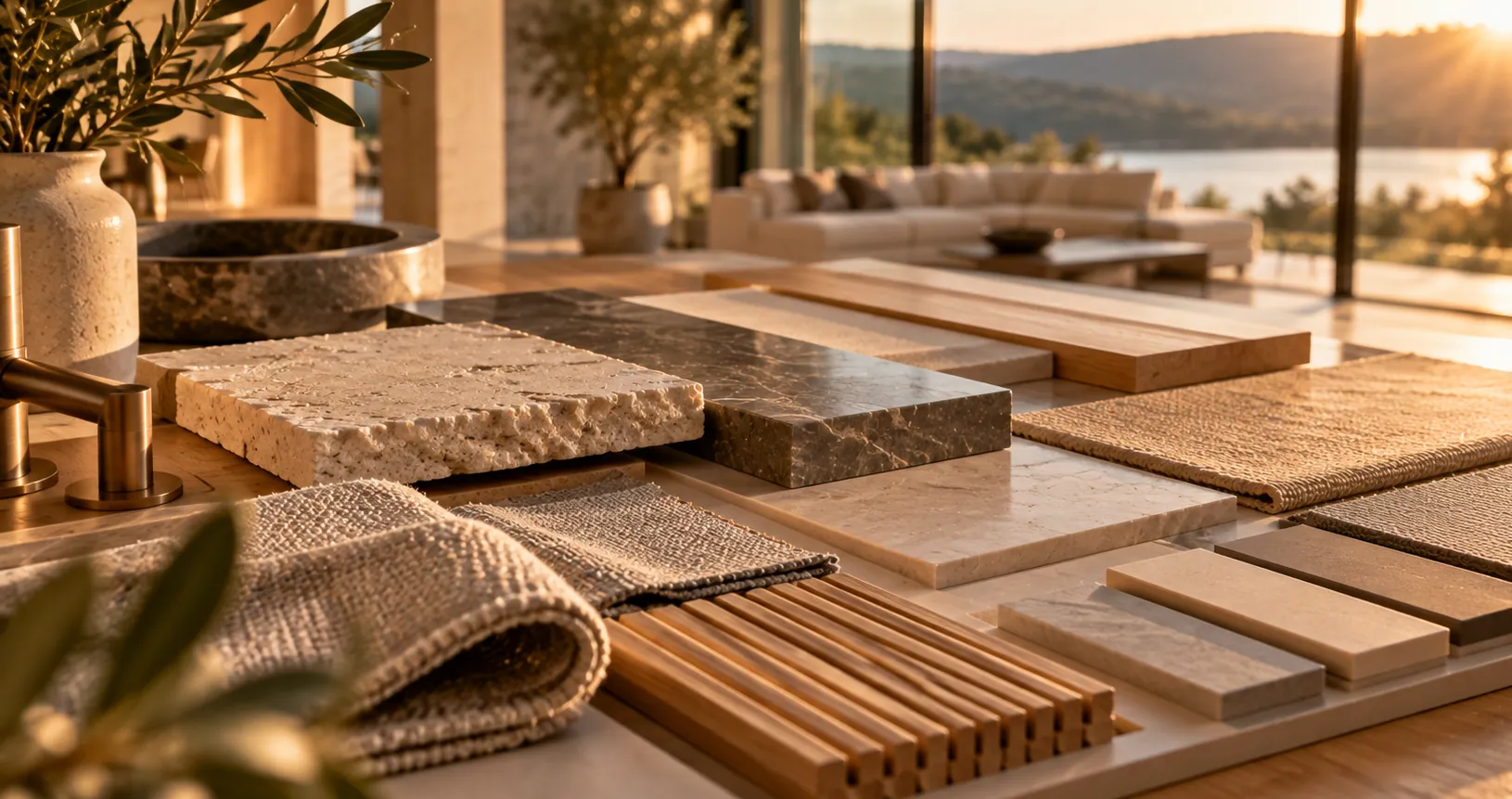 Échantillons de pierre, de bois et de textiles posés sur une table