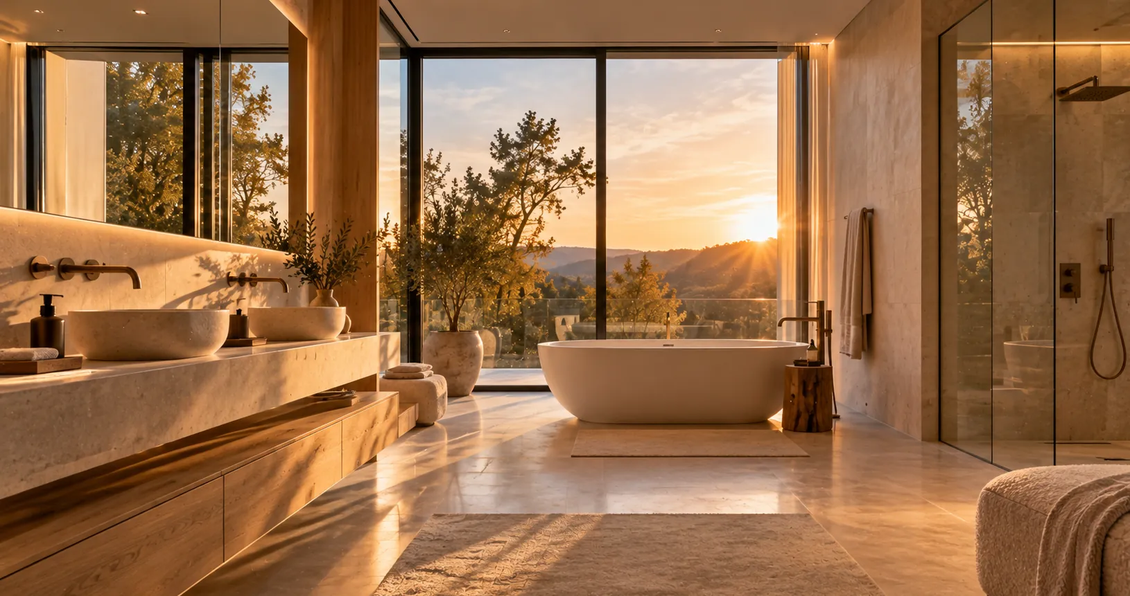 Salle de bain en pierre avec baignoire îlot face à la vallée