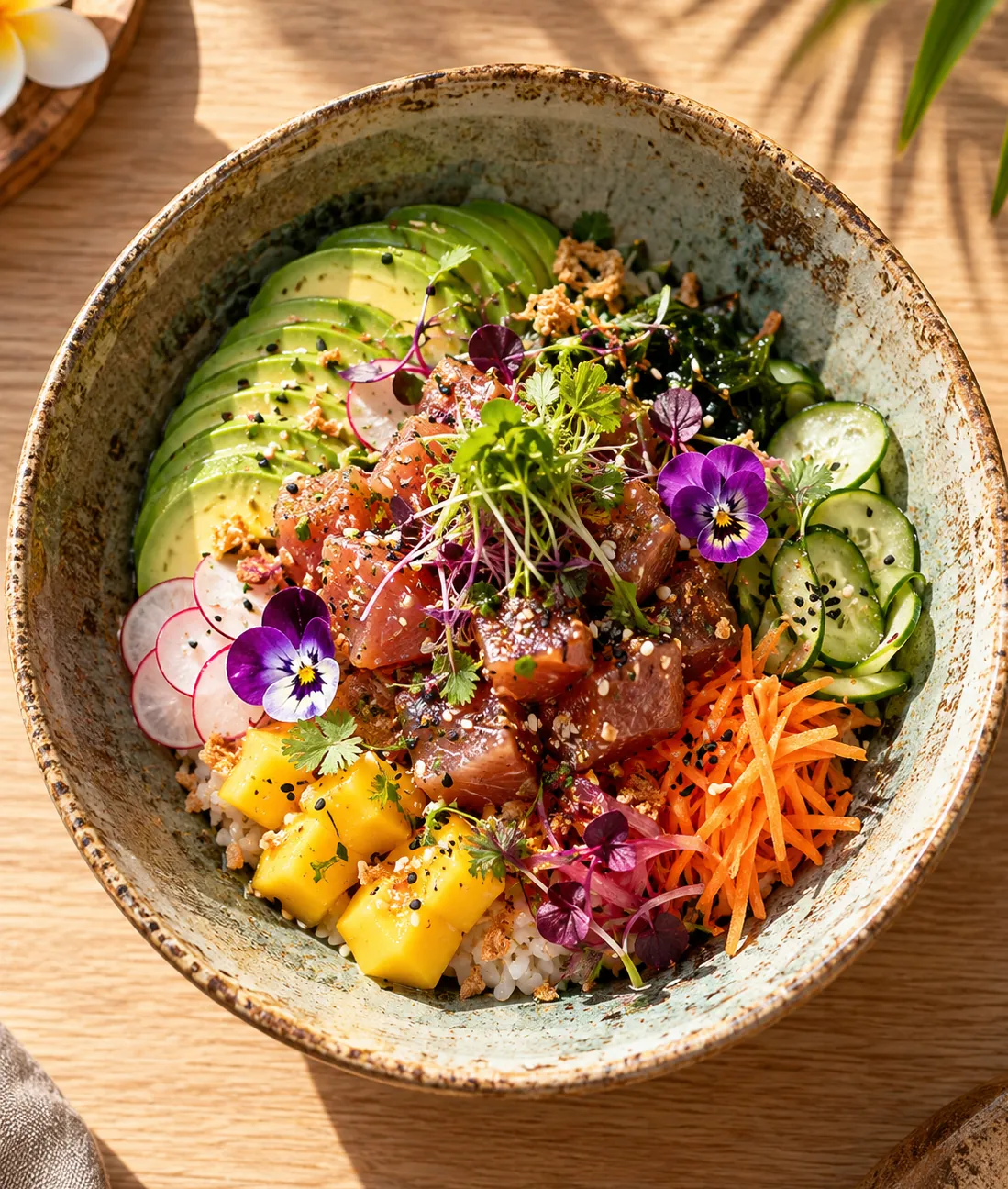 Bol de thon mariné, mangue, avocat et fleurs comestibles