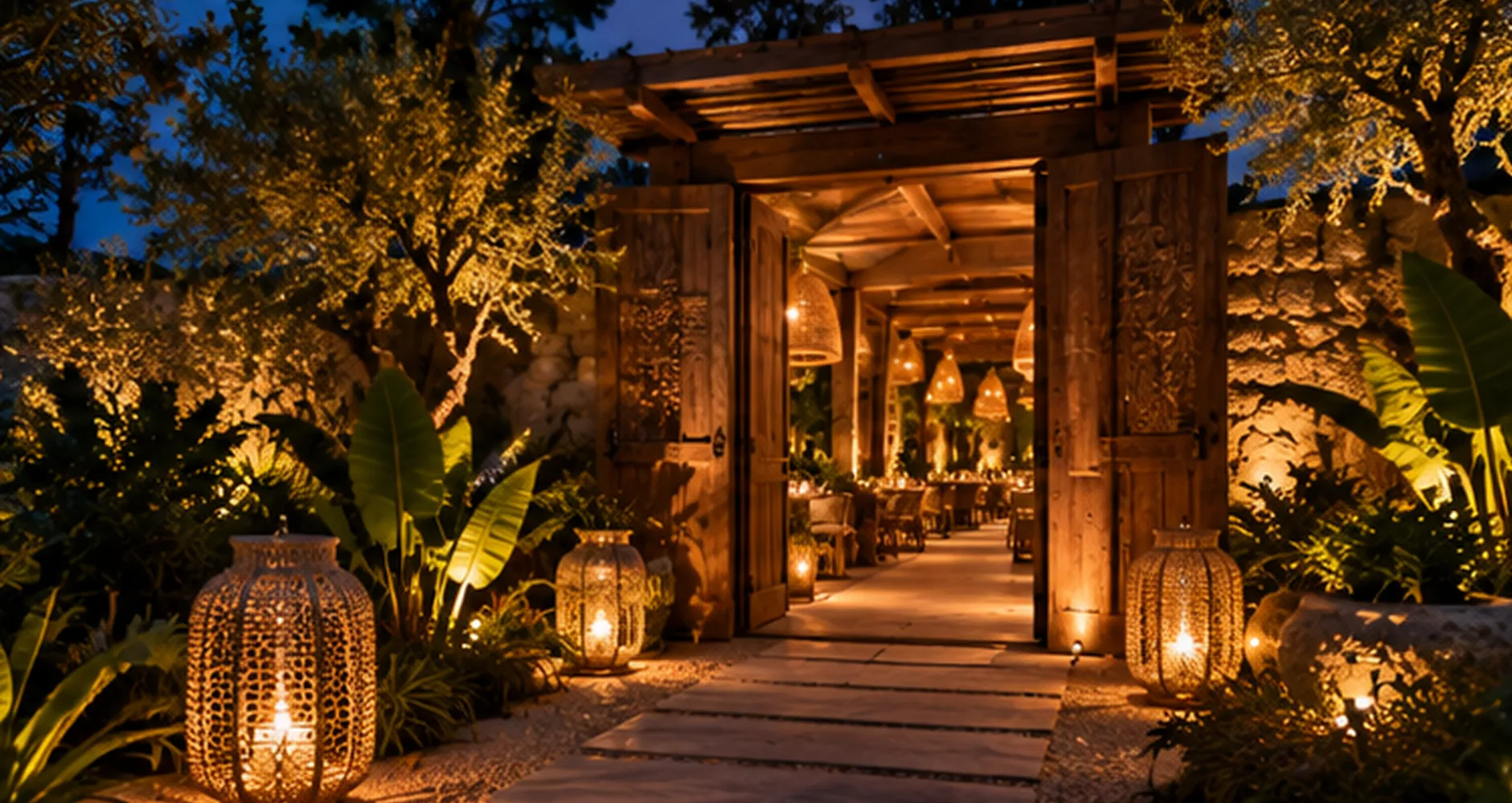 Entrée du restaurant le soir, portail en bois sculpté et lanternes le long du chemin