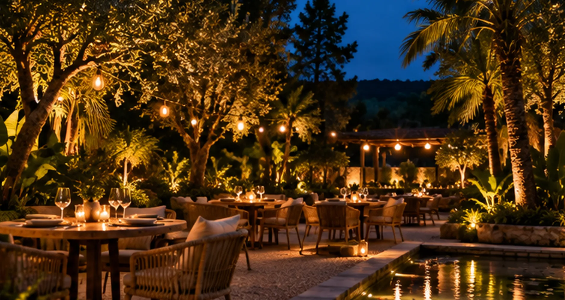Tables dressées dans le jardin le soir, guirlandes lumineuses et bassin