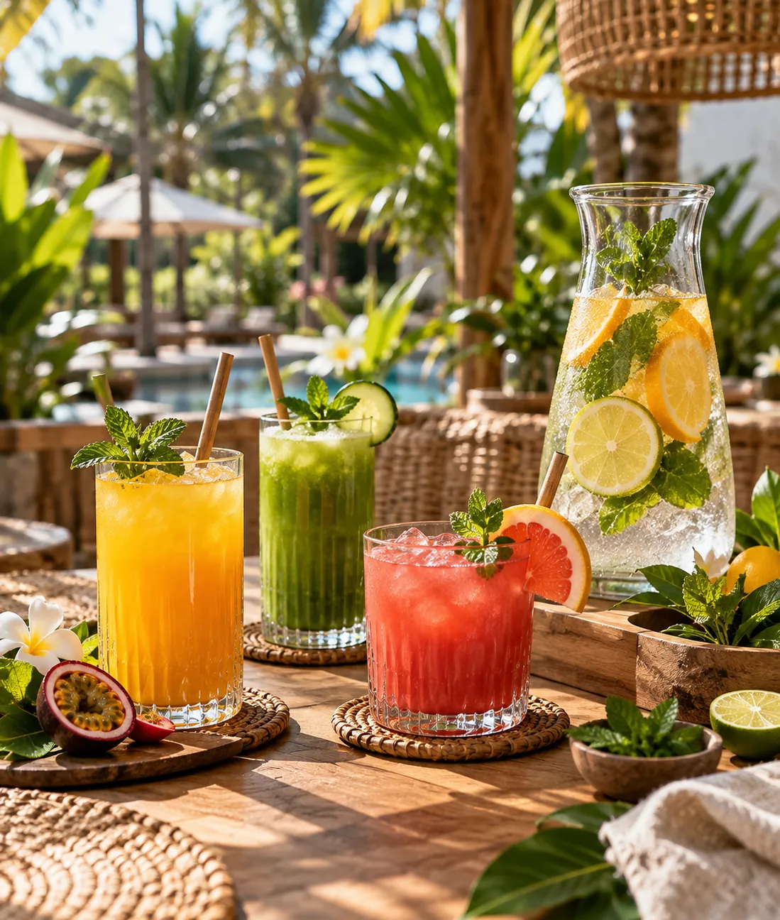 Jus de fruits frais et carafe d'eau infusée aux agrumes sur une table en teck