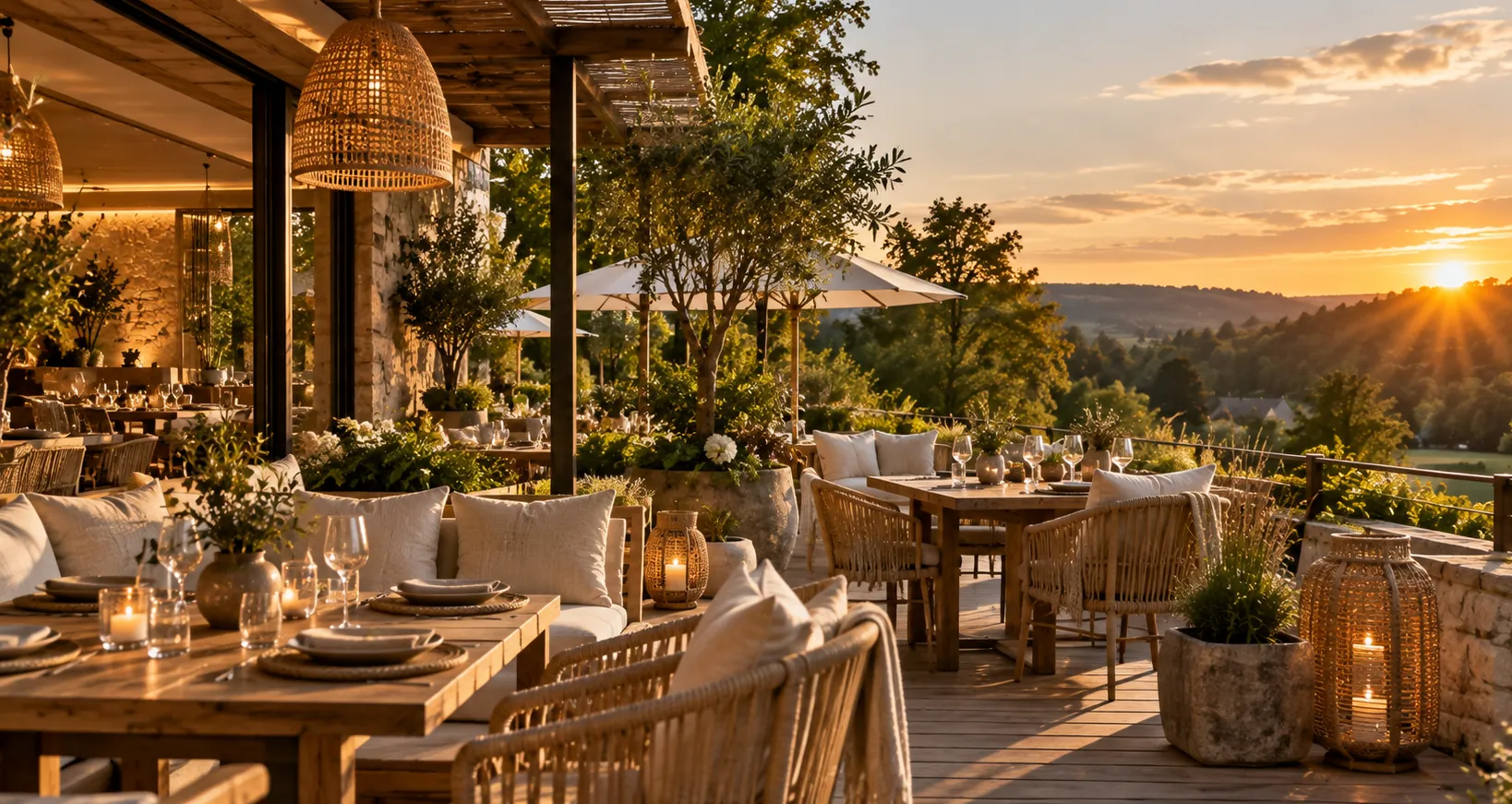 Terrasse en bois et fauteuils en rotin au coucher du soleil sur la vallée