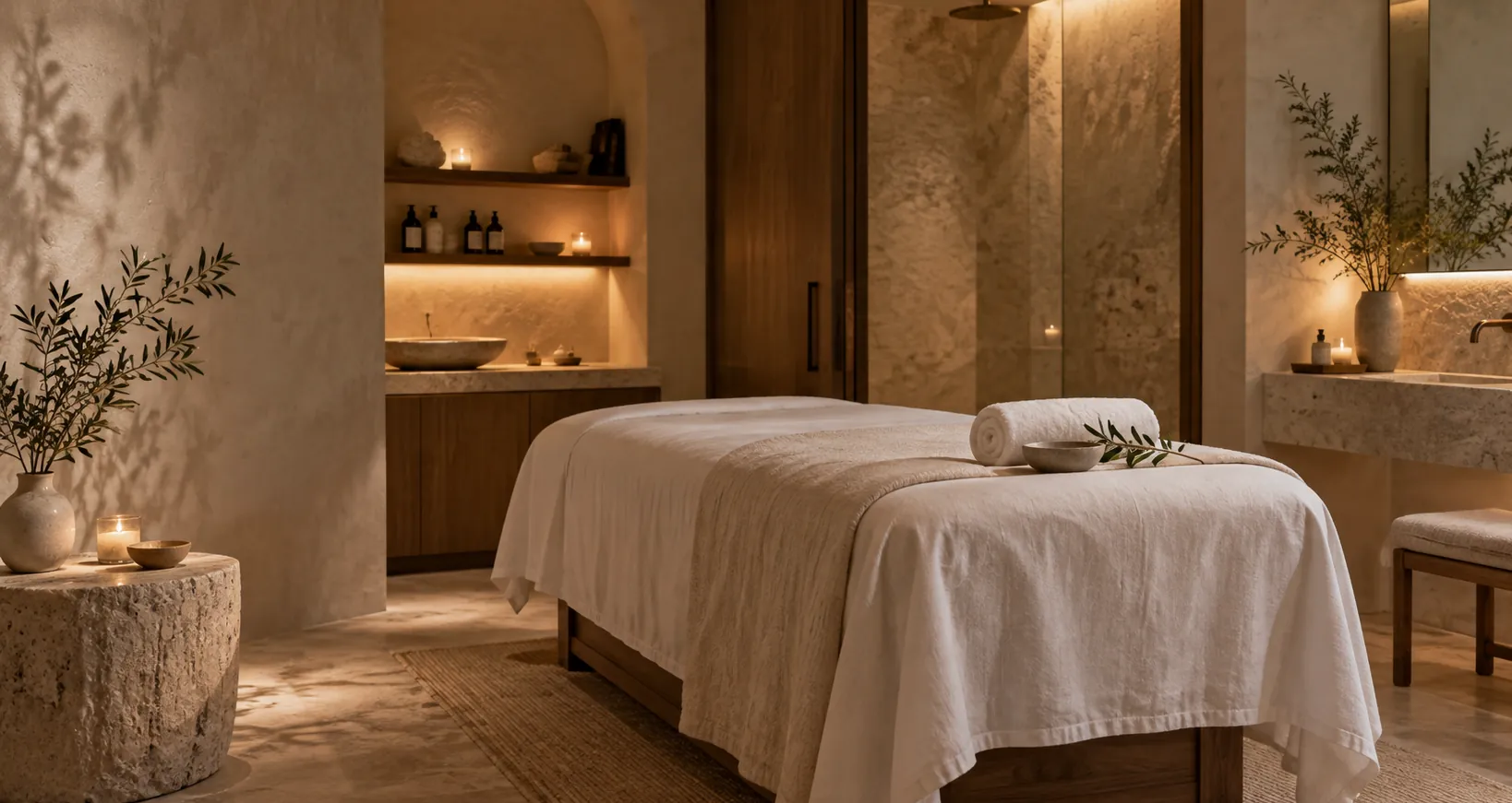 Cabine de soin aux bougies, table de massage en lin blanc