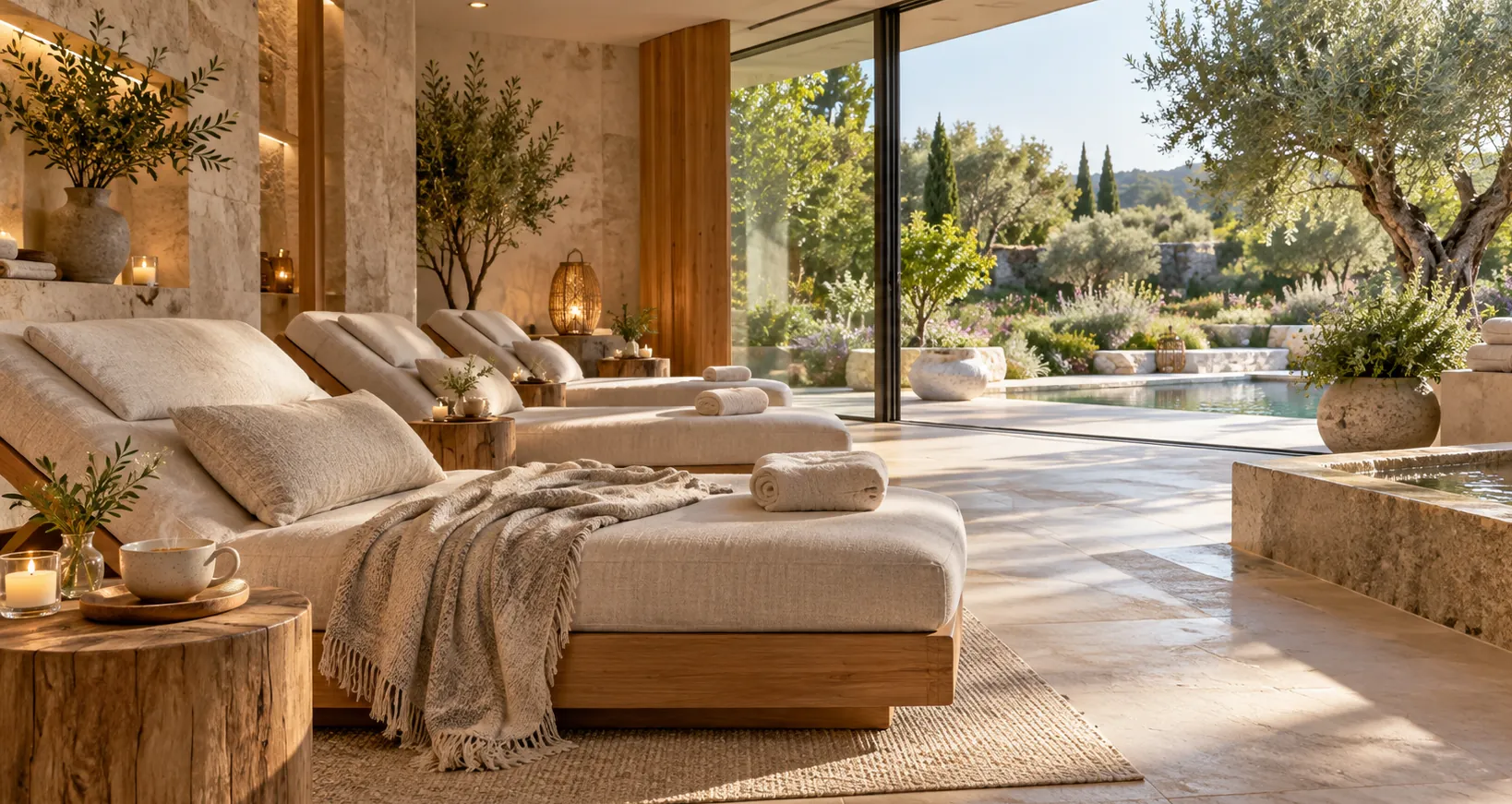 Salle de repos, transats en lin ouverts sur le jardin et la piscine