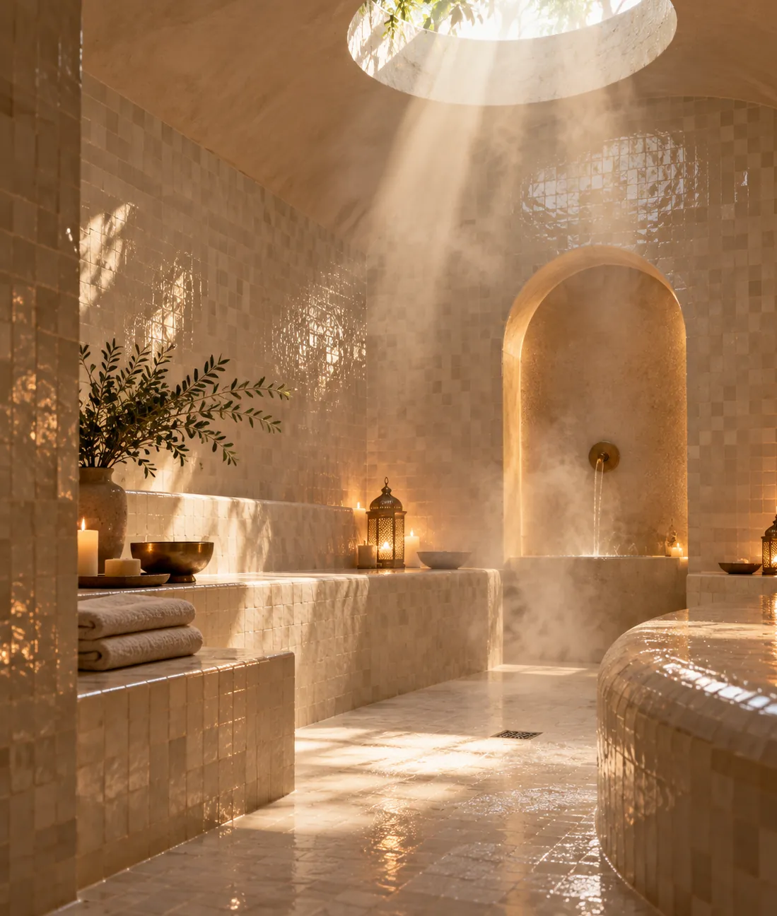 Hammam en zellige clair traversé par un rayon de lumière et de vapeur