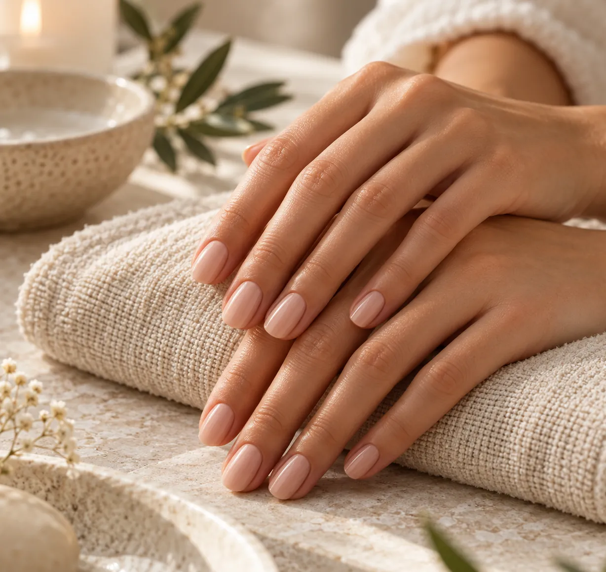 Mains au vernis nude posées sur une serviette en lin