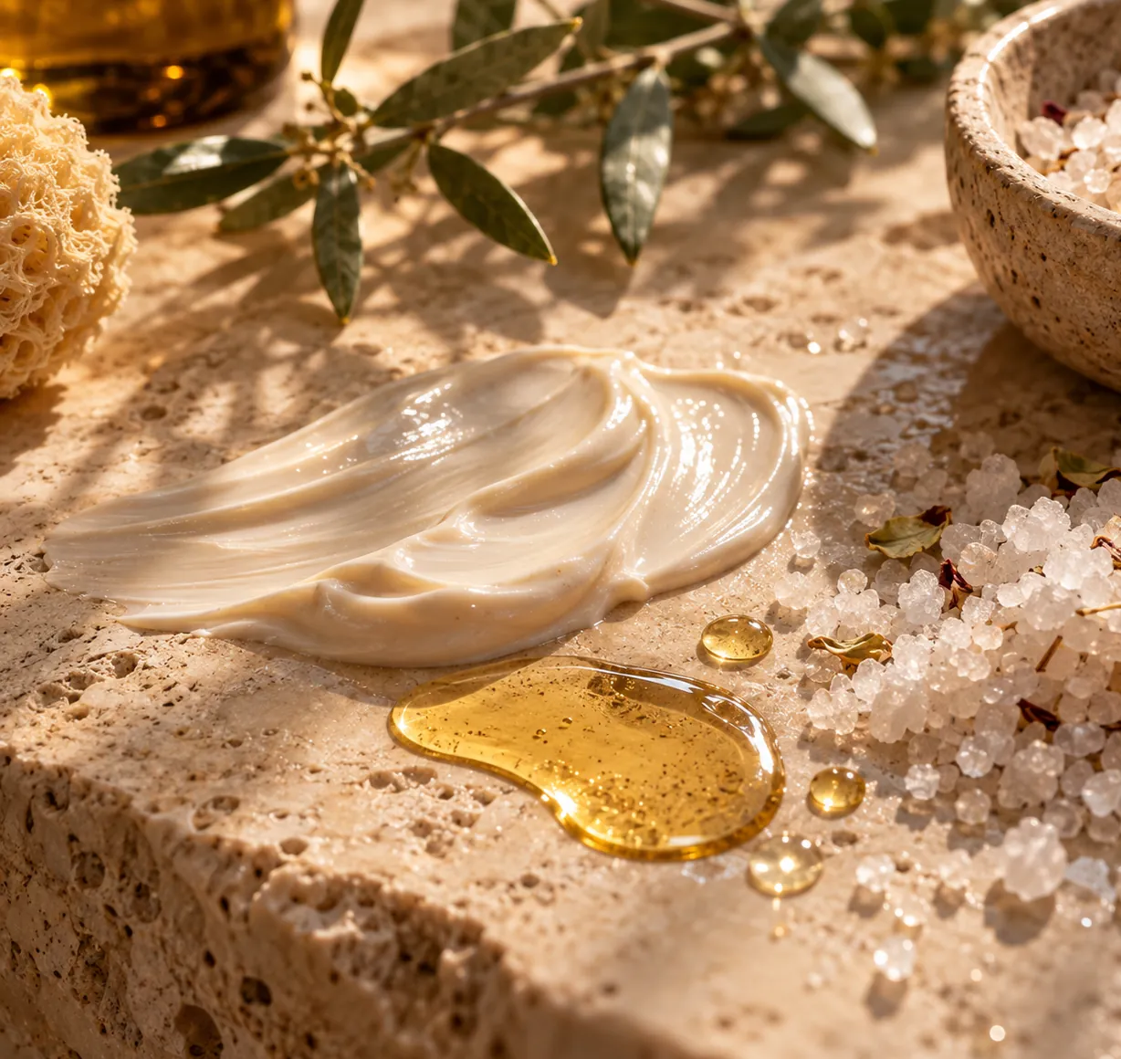 Crème, huile et sel de bain sur une pierre de travertin