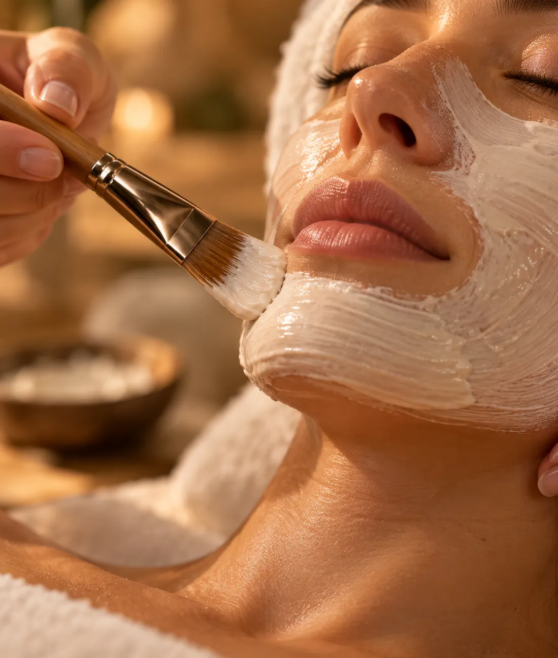 Masque crème appliqué au pinceau sur le visage