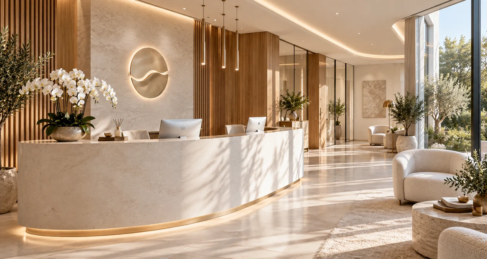 Accueil de la clinique, comptoir en pierre claire, orchidées et salon ouvert sur le jardin