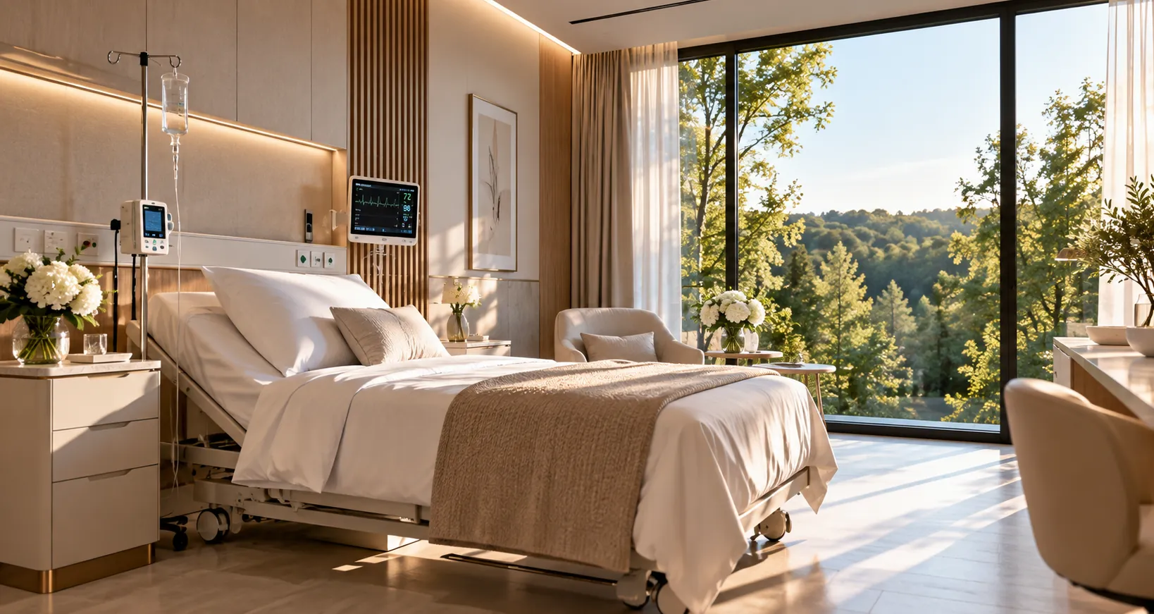 Chambre de repos lumineuse ouverte sur les arbres