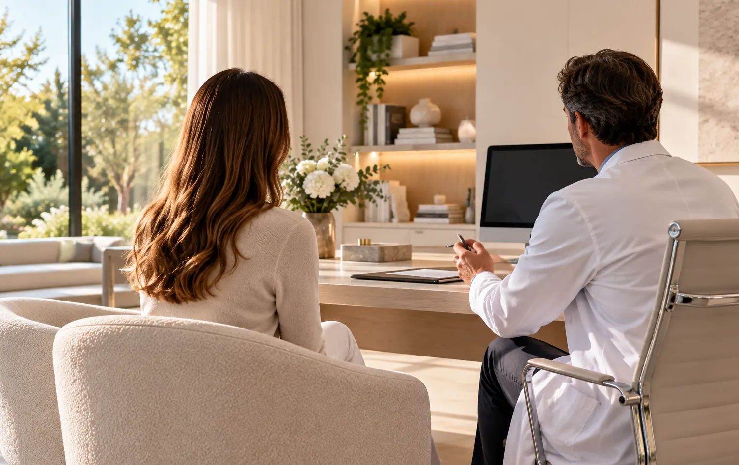 Patiente et médecin en consultation, vus de dos