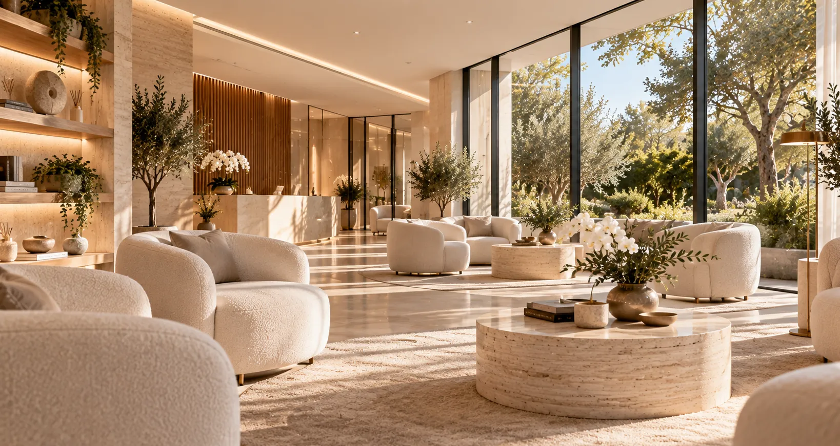 Salon d'attente lumineux, fauteuils crème et baies sur le jardin