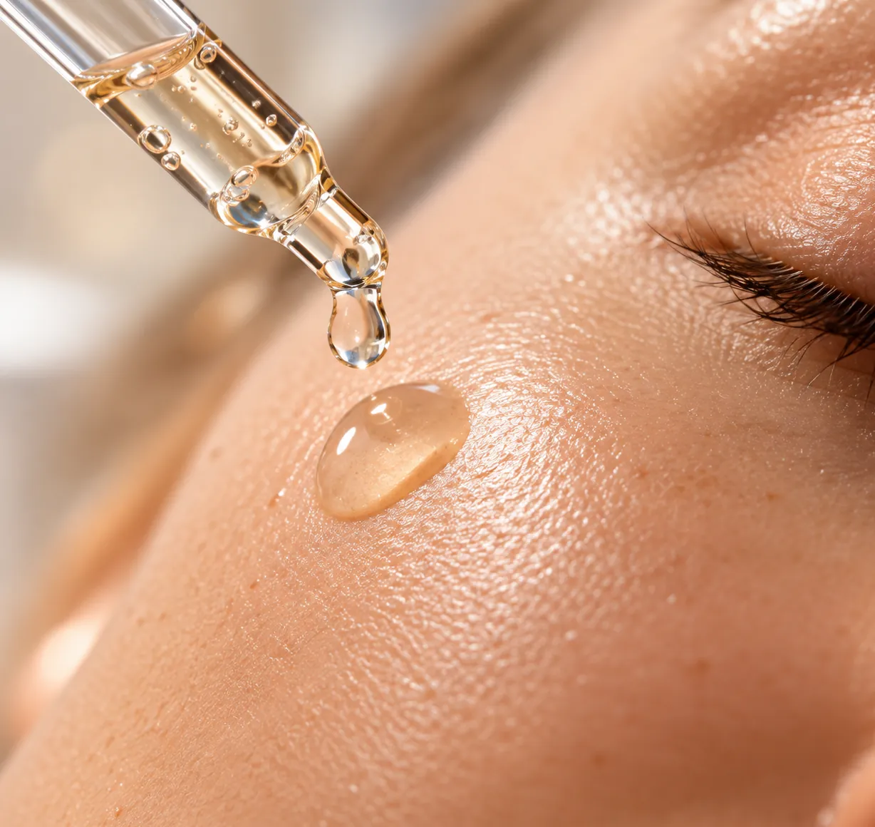 Goutte de sérum déposée sur la peau, en gros plan