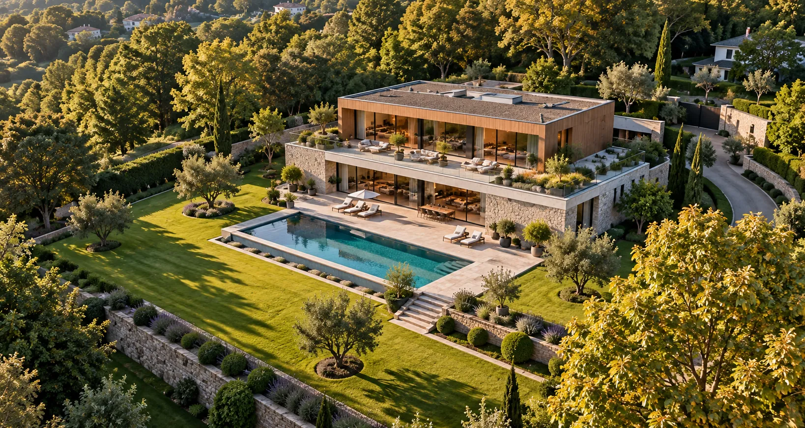 Vue aérienne d'une propriété, jardin paysager et piscine