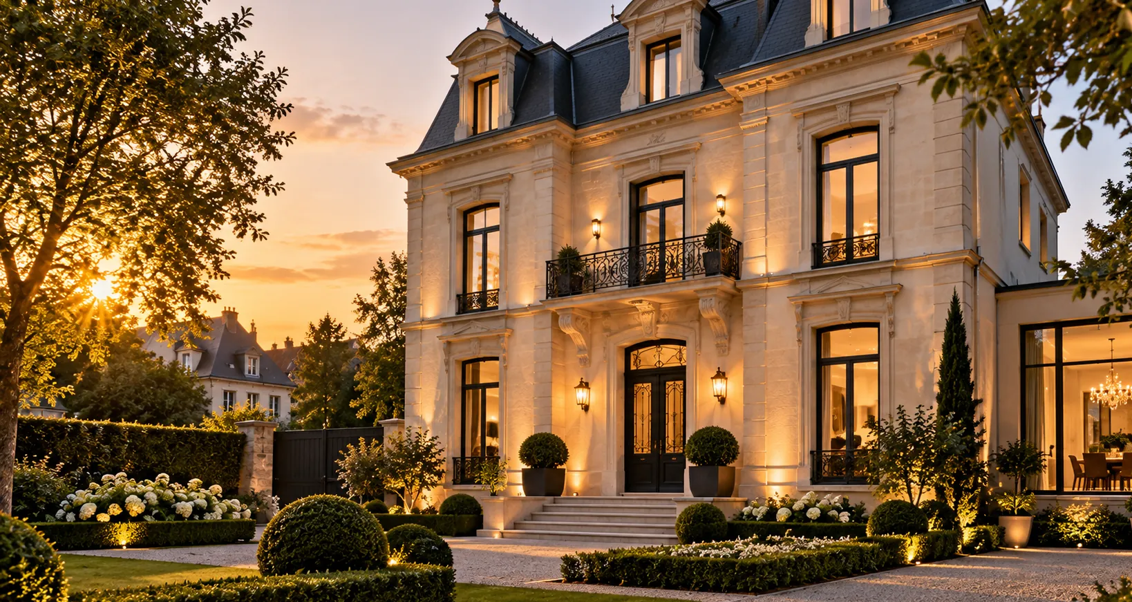 Maison de maître en pierre éclairée au coucher du soleil