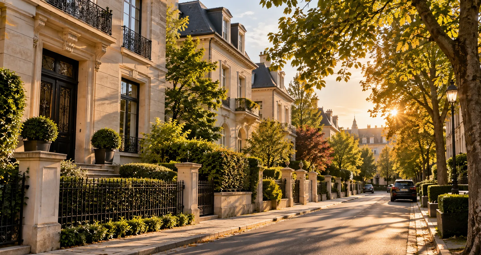 Rue arborée bordée de maisons de maître en pierre au soleil couchant