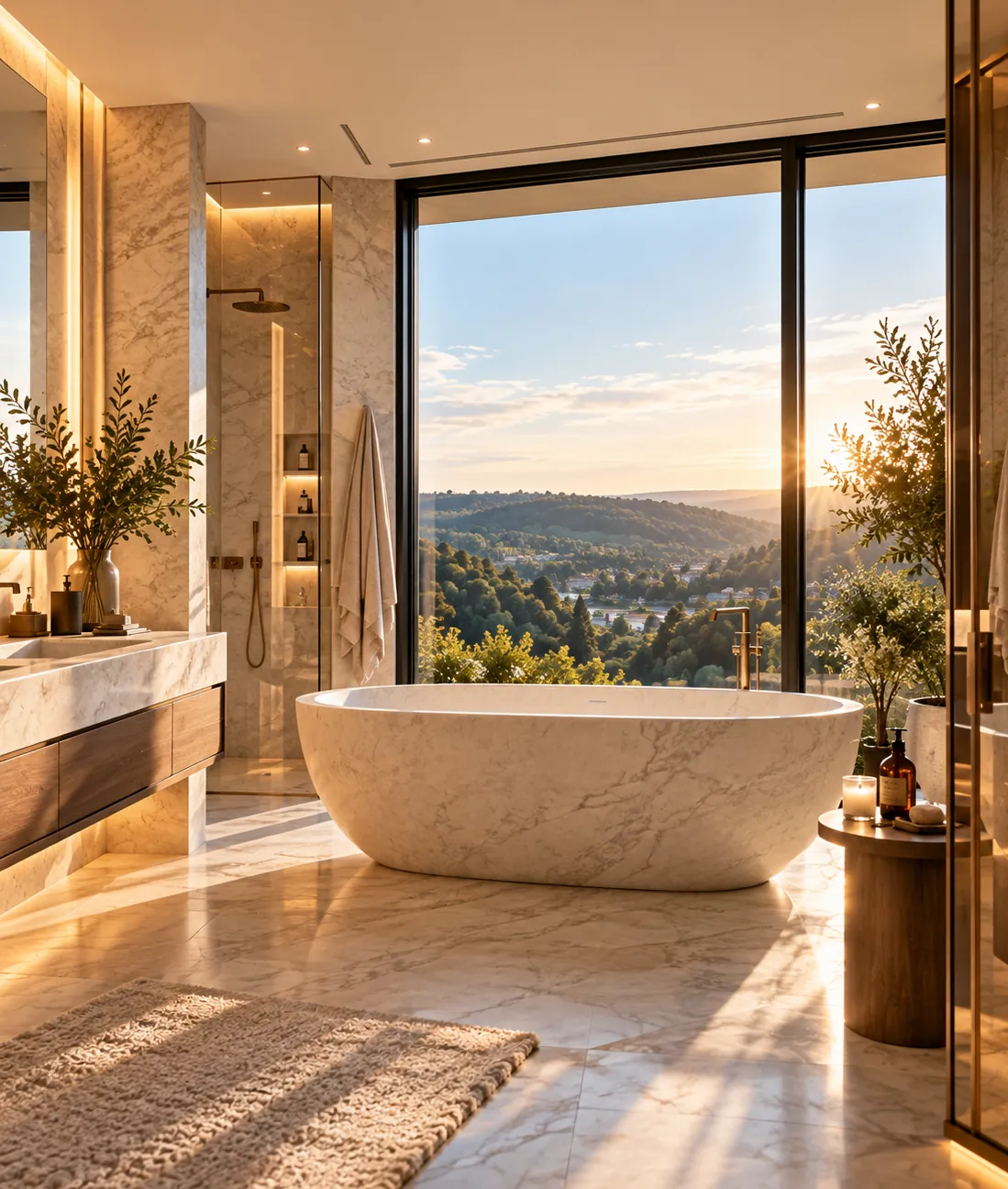 Salle de bain en marbre, baignoire îlot face à la vallée